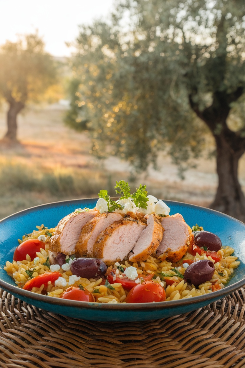 Mediterranean Chicken Orzo with chicken, tomatoes, olives, and feta, garnished with parsley.